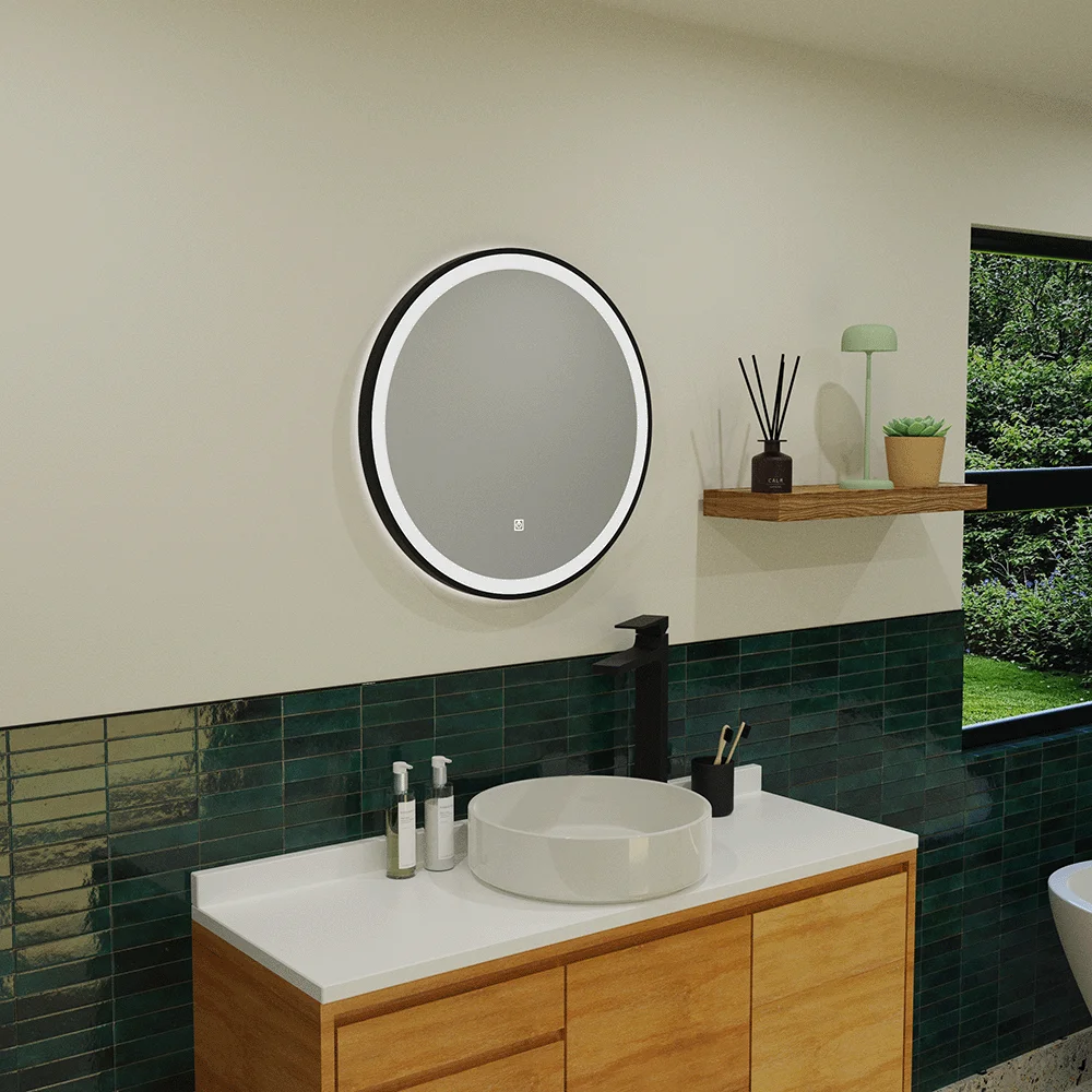 Odesa - Round Black Frame LED Illuminated 600mm Mirror with Touch Control & Demister - Image 2