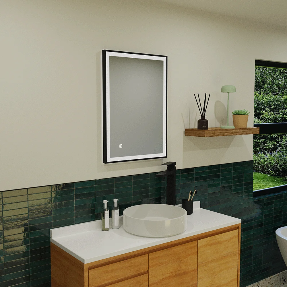 Corinth - 500x700mm Black Frame LED Illuminated Mirror with Touch control & Demister - Image 2